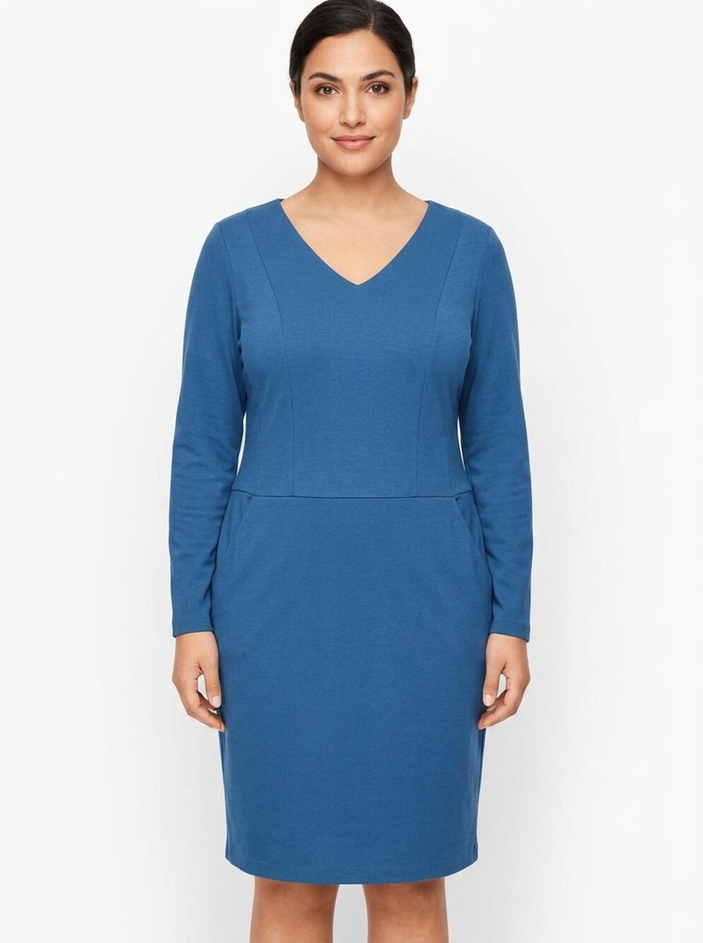 Talbots Blue Knit V-Neck Long Sleeve Pocket Dress Women Size 14